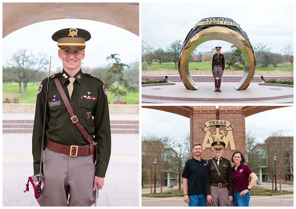 Texas A&M University Cadet Under the Giant Aggie Ring