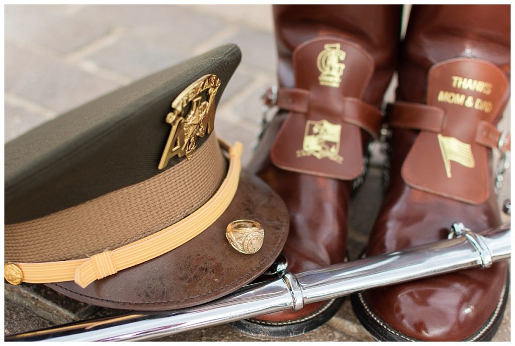 Detail photo of Corps Boots, Saber, cap, and Aggie Ring