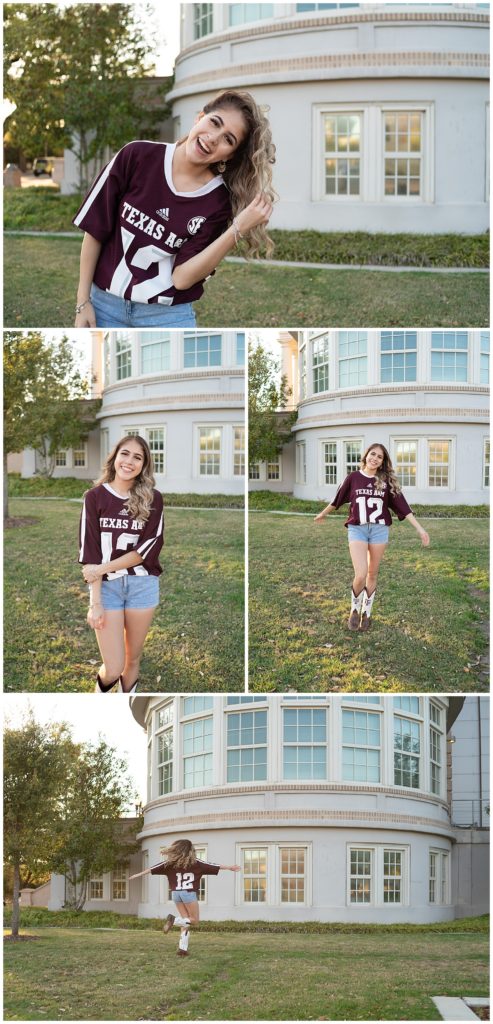 4 part photo is texas high school senior on tamu campus. She is dancing around, flipping her hair, and smiling at the camera. 