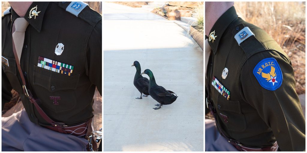 Details shots of the Midnight Corps uniforms. The middle photo is of some ducks at aggie park. 