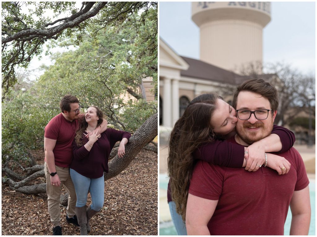 Texas A&M Couple taking engagement photos on campus. They are both wearing maroon and smiling at each other. 