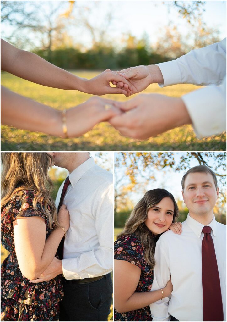 3 picture set. Holding hands. Close up kiss, and soft smile portrait at the camera
