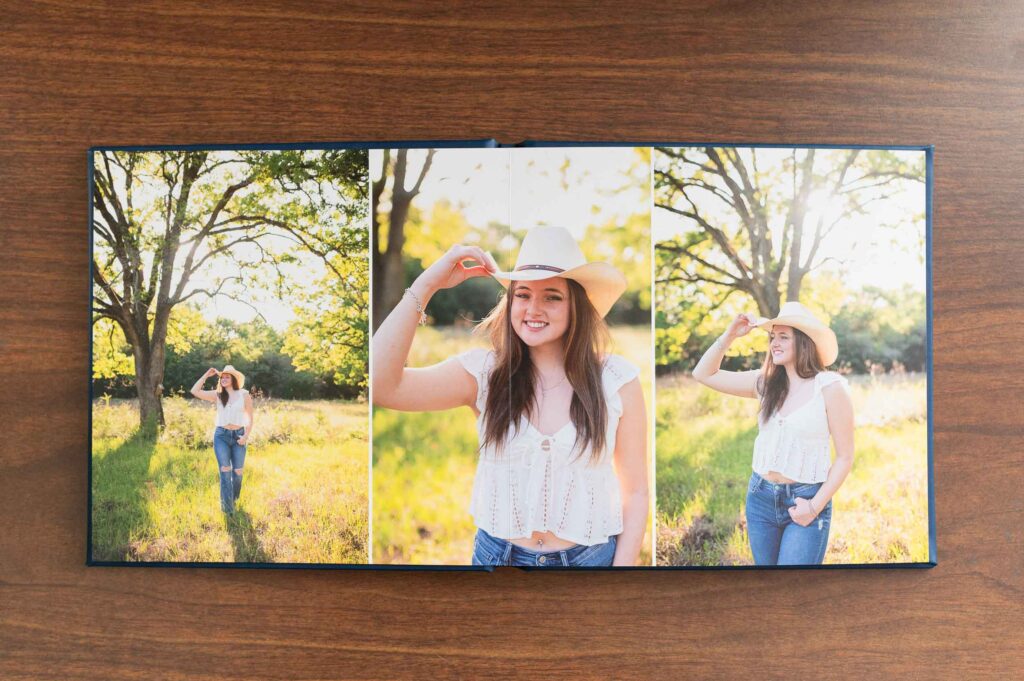 San Antonio Senior Product - shows a photo spread of the senior book featuring 3 images of a girl in a cowboy hat