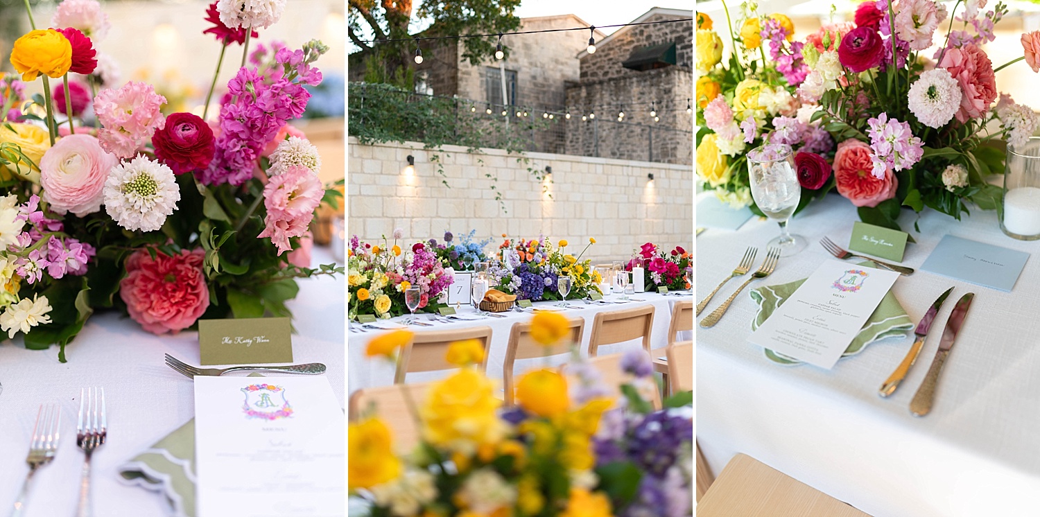 Series of 3 photos of colorful floral tablespace in the courtyard of the Albert Hotel.