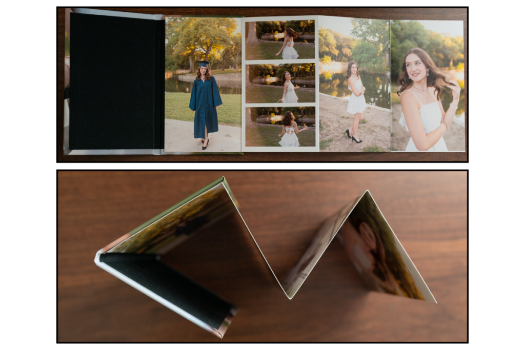 2 photos to show off the senior brag book. The top image is of the brag book stretched our with a series of images. The bottom photos shows how the brag book bends in an accordion style.