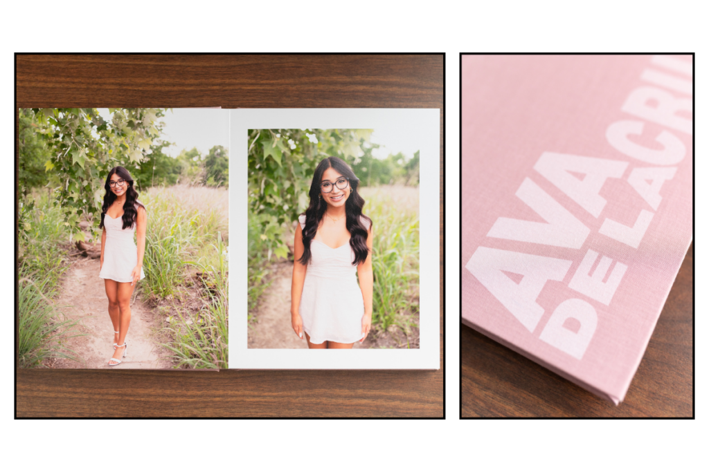 Senior Photo Album. Two photos one has a layout of the album pages featuring senior portraits and the other photo is of the cover of the album.