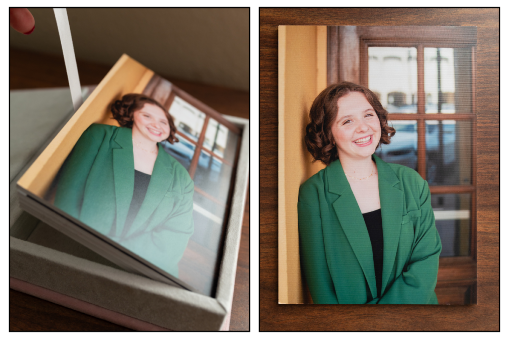 there are 2 images featured. The one on the left is showing how a pull string lifts the prints out of the folio box and the right image shows a top veiw of a printed photo.