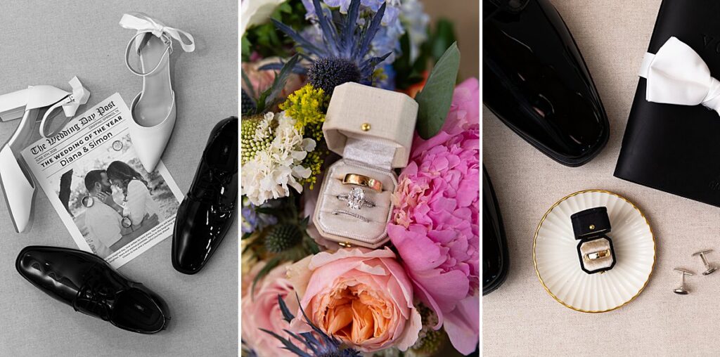 Wedding Flatlay featuring colorful wedding florals, Black and white wedding newspaper, and groom's details