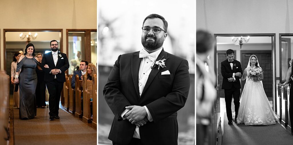 Wedding Catholic Ceremony. Middle photo is the groom seeing his bride for the first time. 