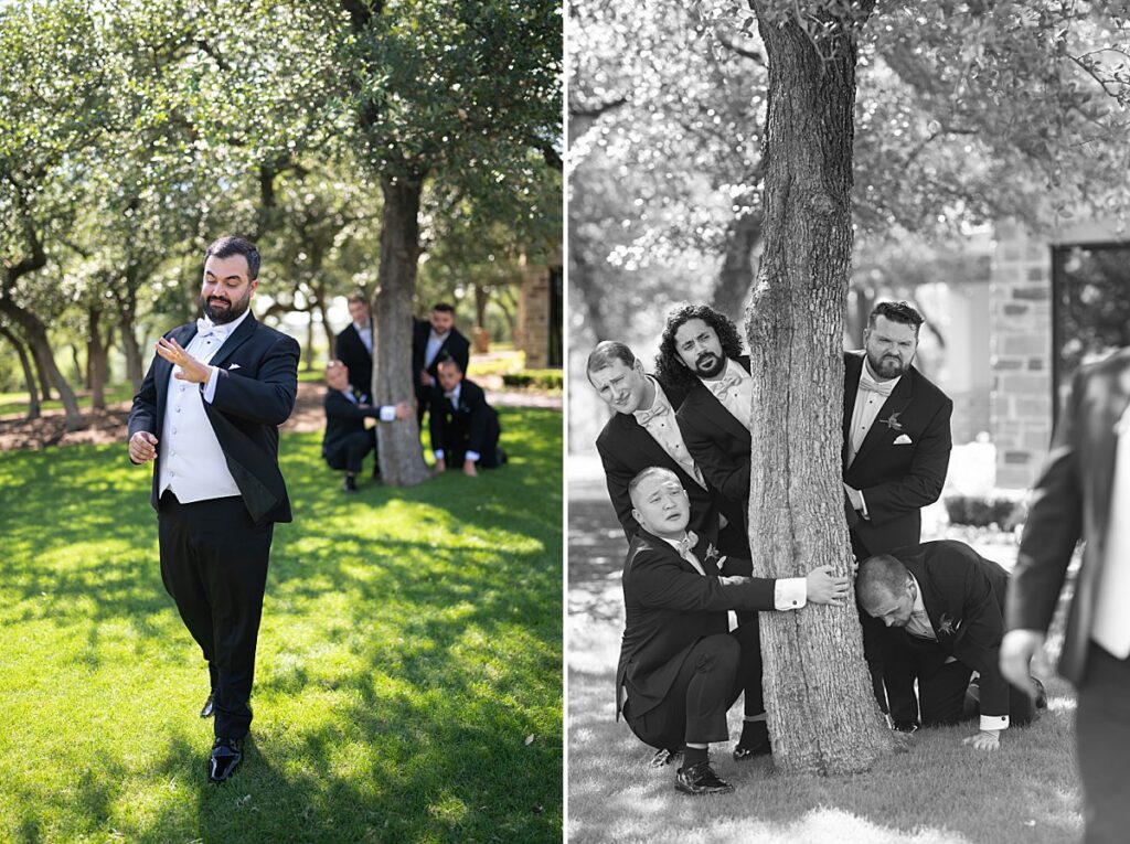 Funny Groomsmen photos. Groom is admiring his ring and the groomsmen peeking out from a tree and saddened they lost their buddy to love.