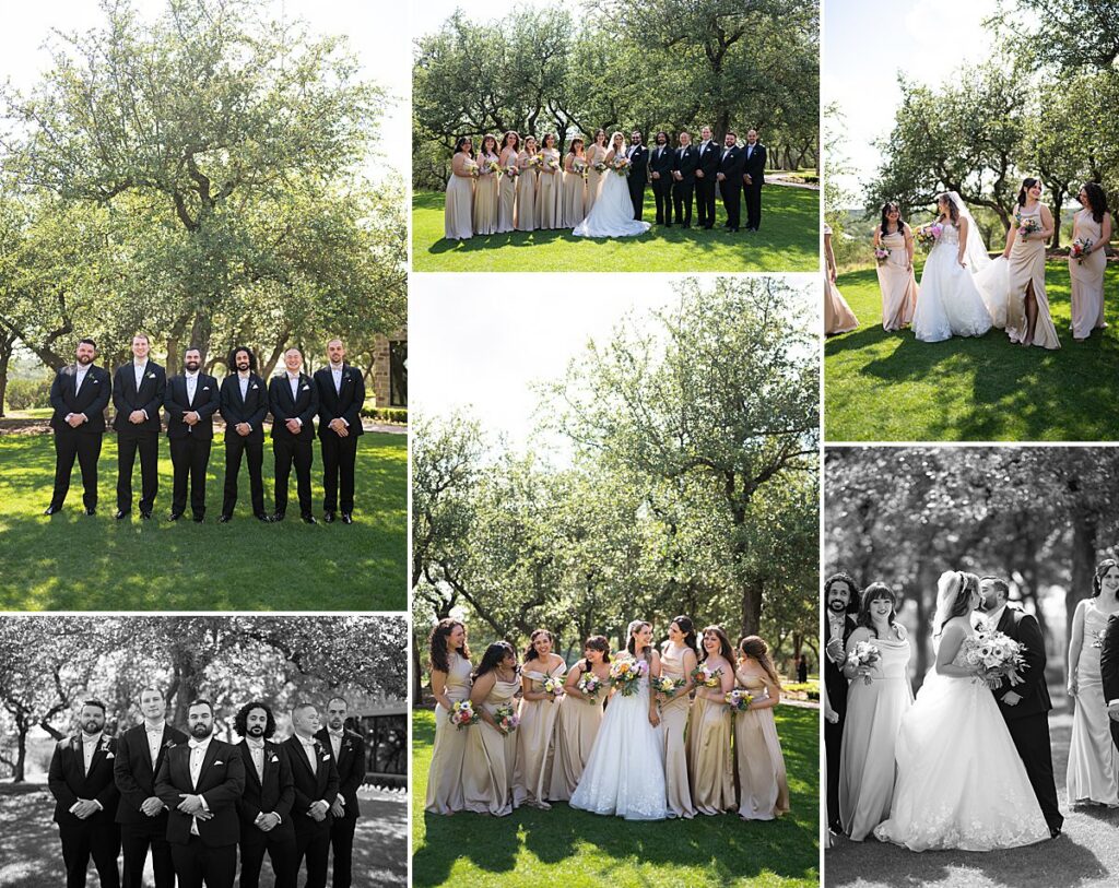 multiple photos of the wedding party at canyonwood ridge. 