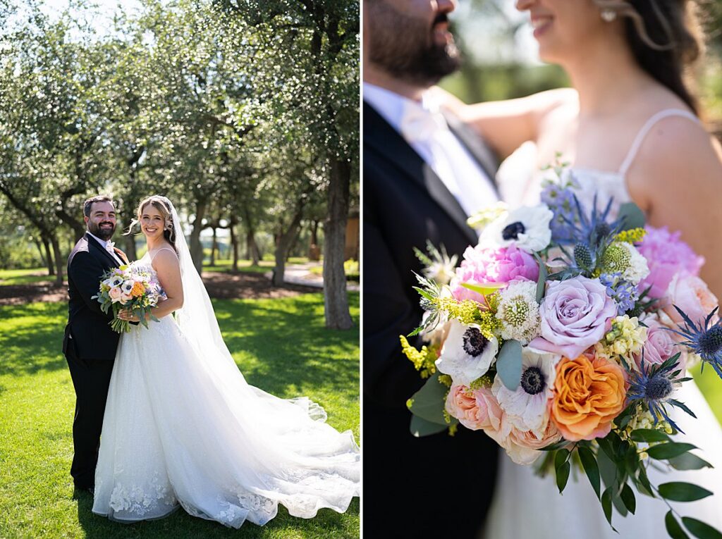 2 pictures of married couple at canyonwood ridge. one is a classic portrait and the right images is a floral bouquet shot. 