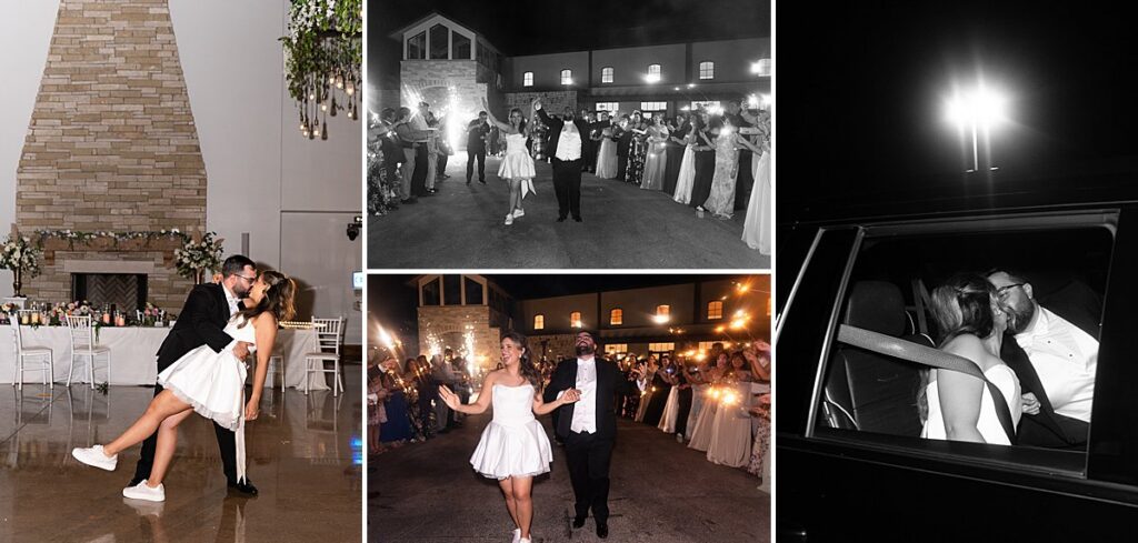 Wedding Exit at Night outside of Canyonwood Ridge. Bride is wearing a shorter exit dress and guests are lined up with sparklers. 