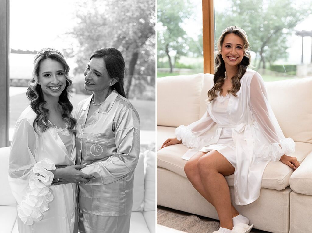 Getting ready photos at Canyonwood Ridge. One photo is bride with her mom and the other photo is a solo shot of bride. 