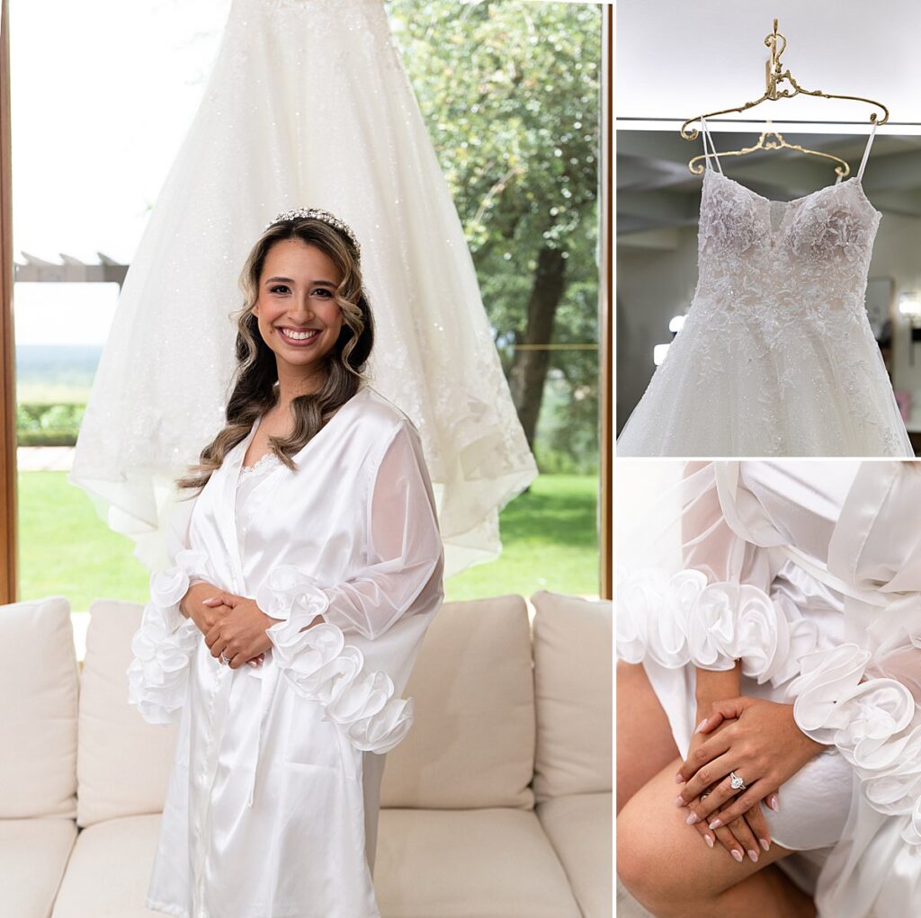 Photo of bride the morning of her wedding in dripping springs. Photos include the bride alone, photo of the bride's engagement ring, and the wedding dress hanging up