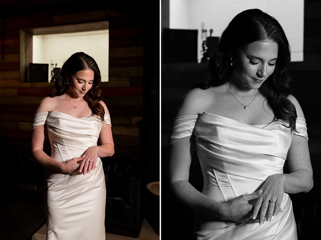 2 photo series of bride looking at her ring in her wedding dress. 