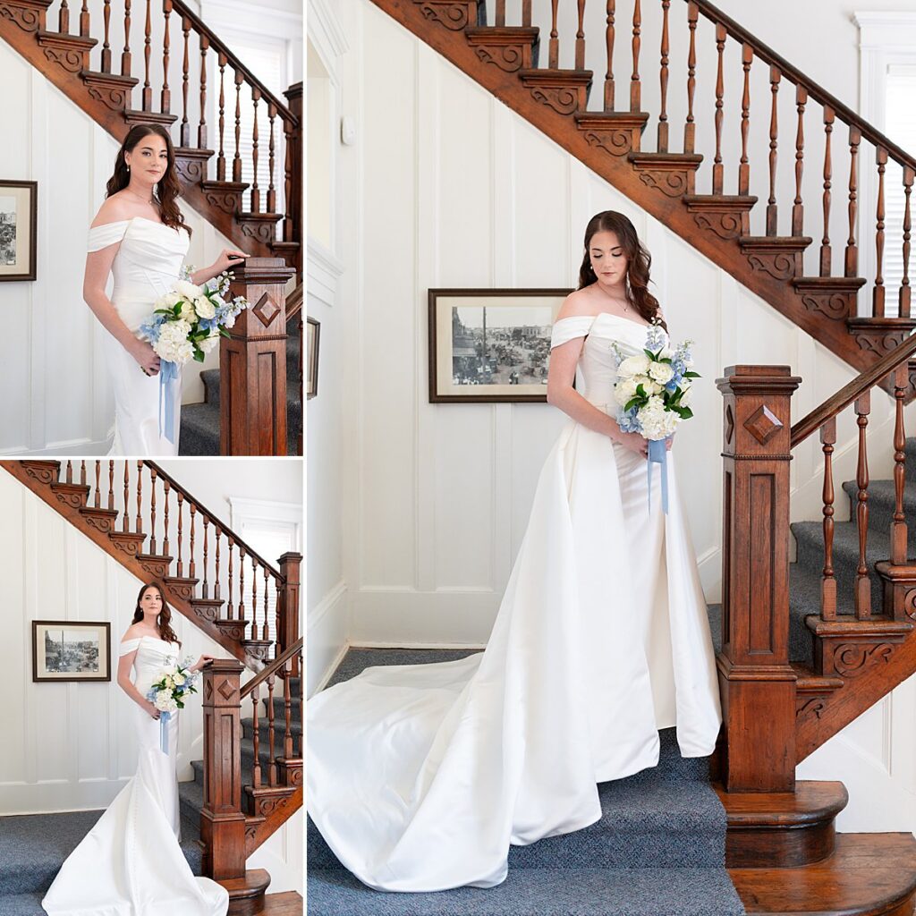 Series of three images. Bride on staircase at Carnegie Library.