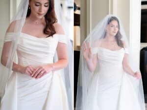 Series of 2 photos. The photo of the left features the bride looking down at her hands. The photo on the right has the bride underneath her veil. 
