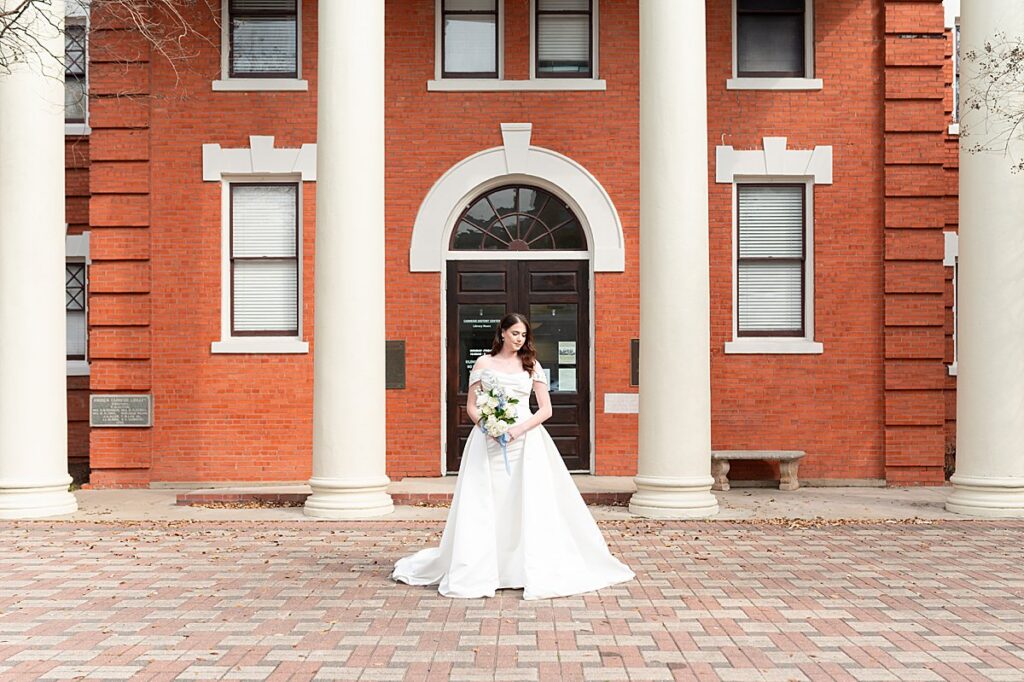 Landscape Shot of Bride with the Carnegie Library in the background. 