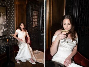 2 series of photos of a bride sipping an espresso martini. 