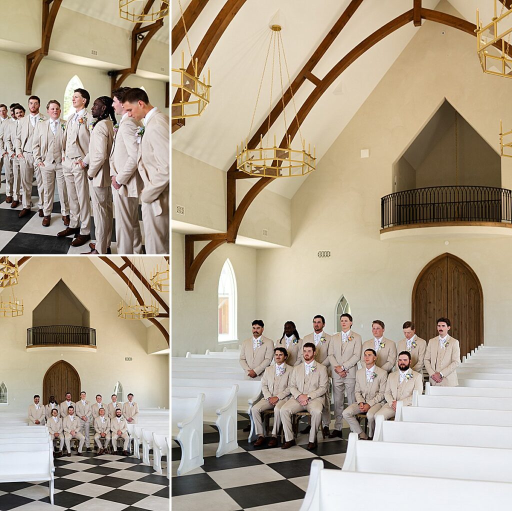 Groomsmen photos inside a chapel.