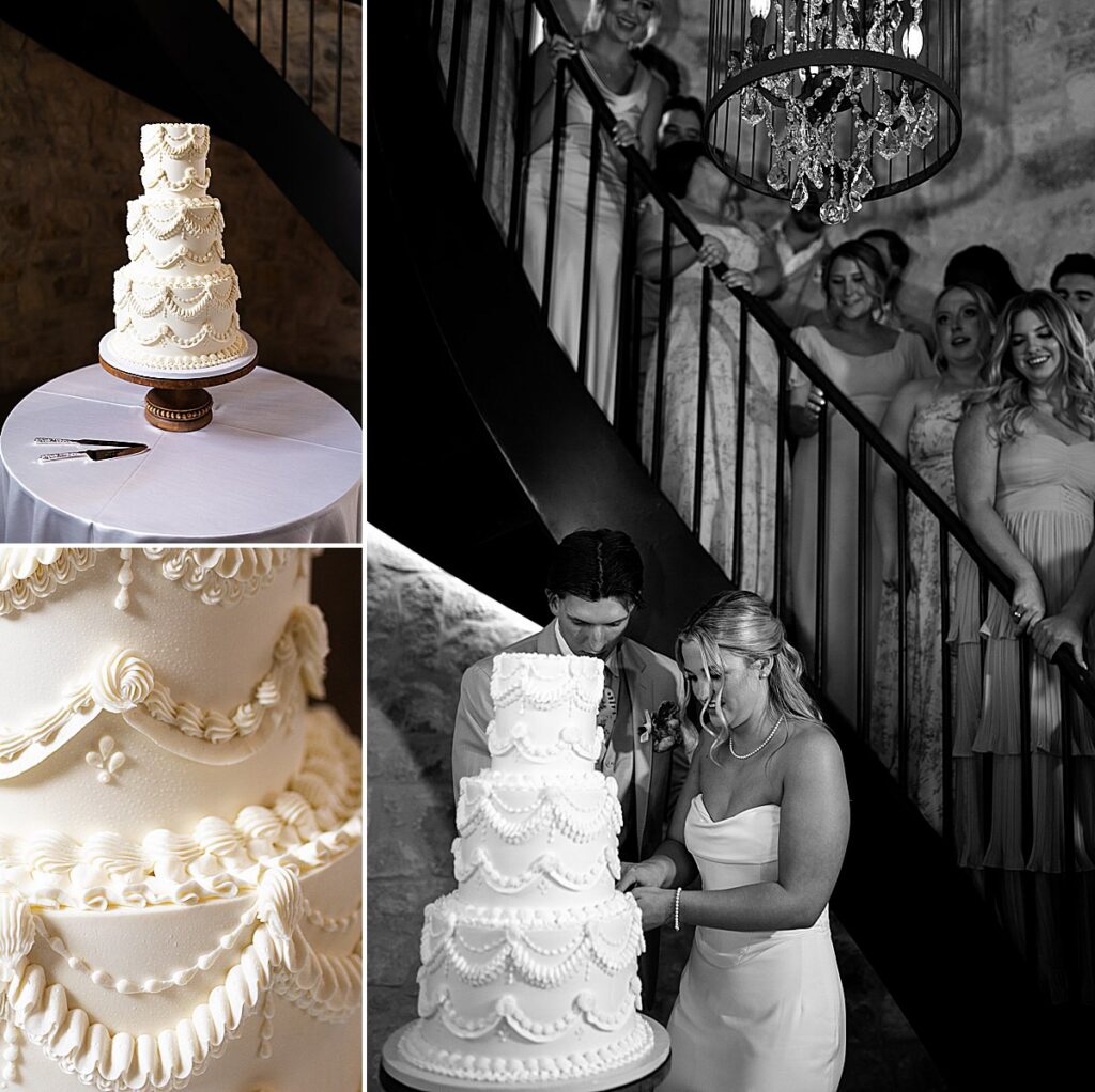 Cake Cutting photos. 2 photos are details of the cake and the 3rd is a black & white photo of the couple cutting the cake while the wedding party watches and cheers.